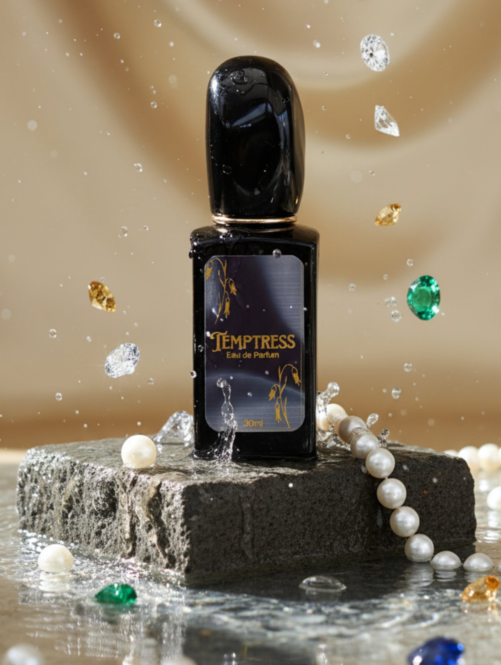 Temptress Vegan Refillable Perfume by Hazel Glow, 30ml in gloss black stylish bottle with gold foiled label