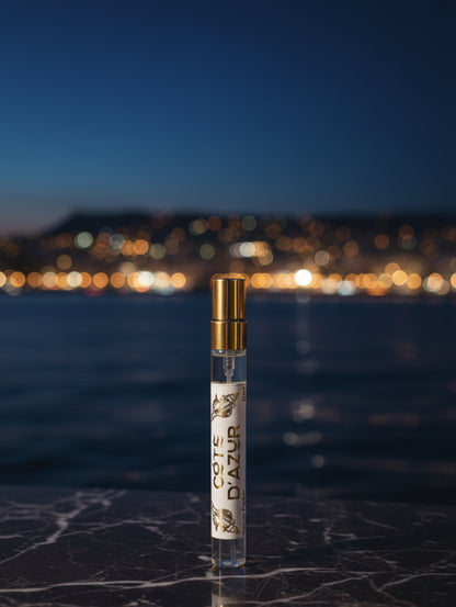Vegan Fragrance, Cote D'Azur by Hazel Glow, against background of the French Riviera 10ml trial size eau de parfum