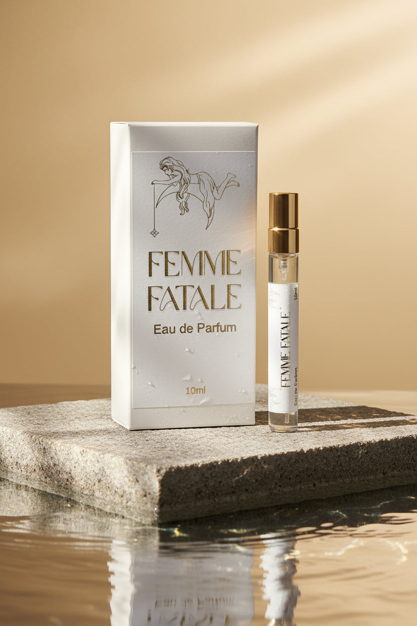 Femme Fatale eau de parfum packaging and bottle on a marble surface