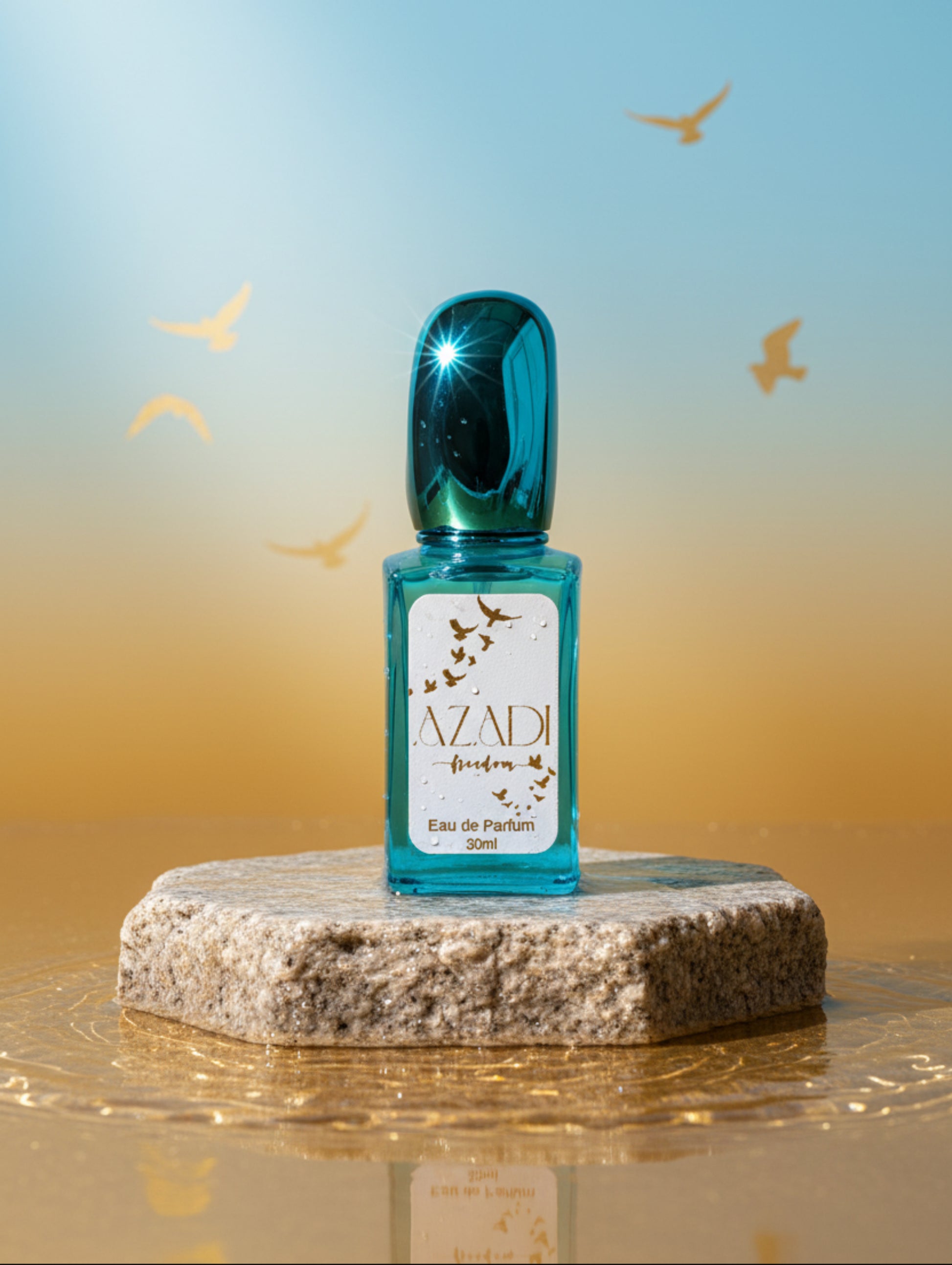 Azadi vegan refillable perfume by Hazel Glow.  On a stone in water with golden birds in the background