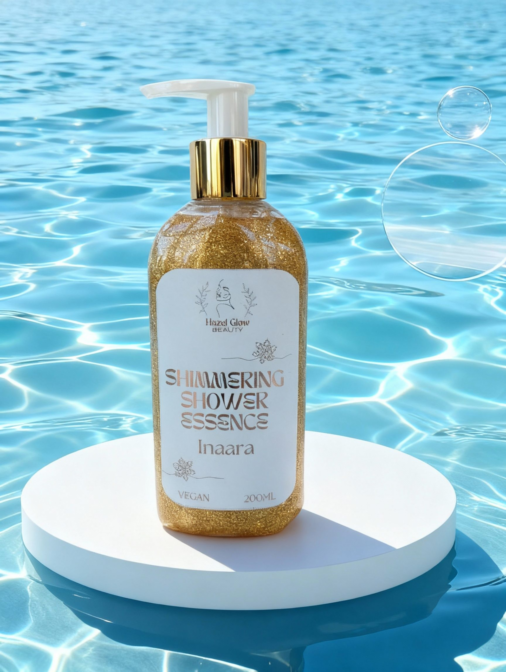 Paraben free, vegan, shimmering shower essence bottle with pump on a platform over water