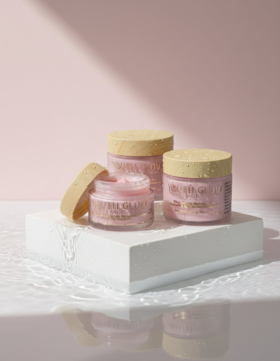 Youth Glow skincare products on a white plinth against a rose background