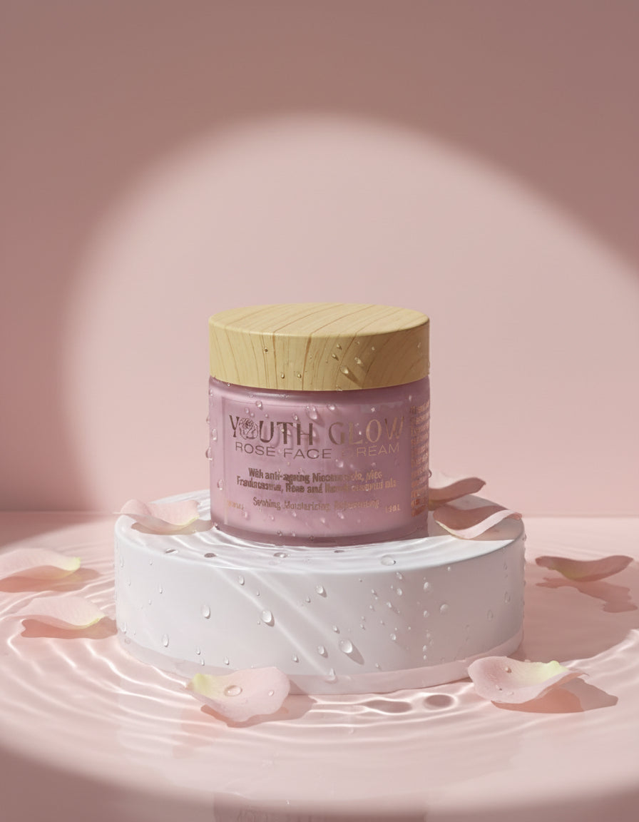 A pink jar of Youth Glow Rose Face Cream with a wooden lid, displayed on a white plinth

