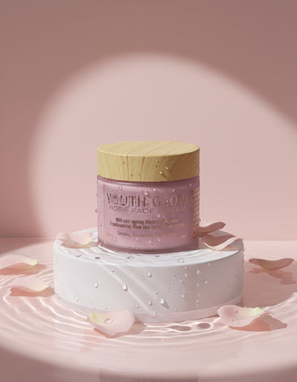 A pink jar of Youth Glow Rose Face Cream with a wooden lid, displayed on a white plinth
