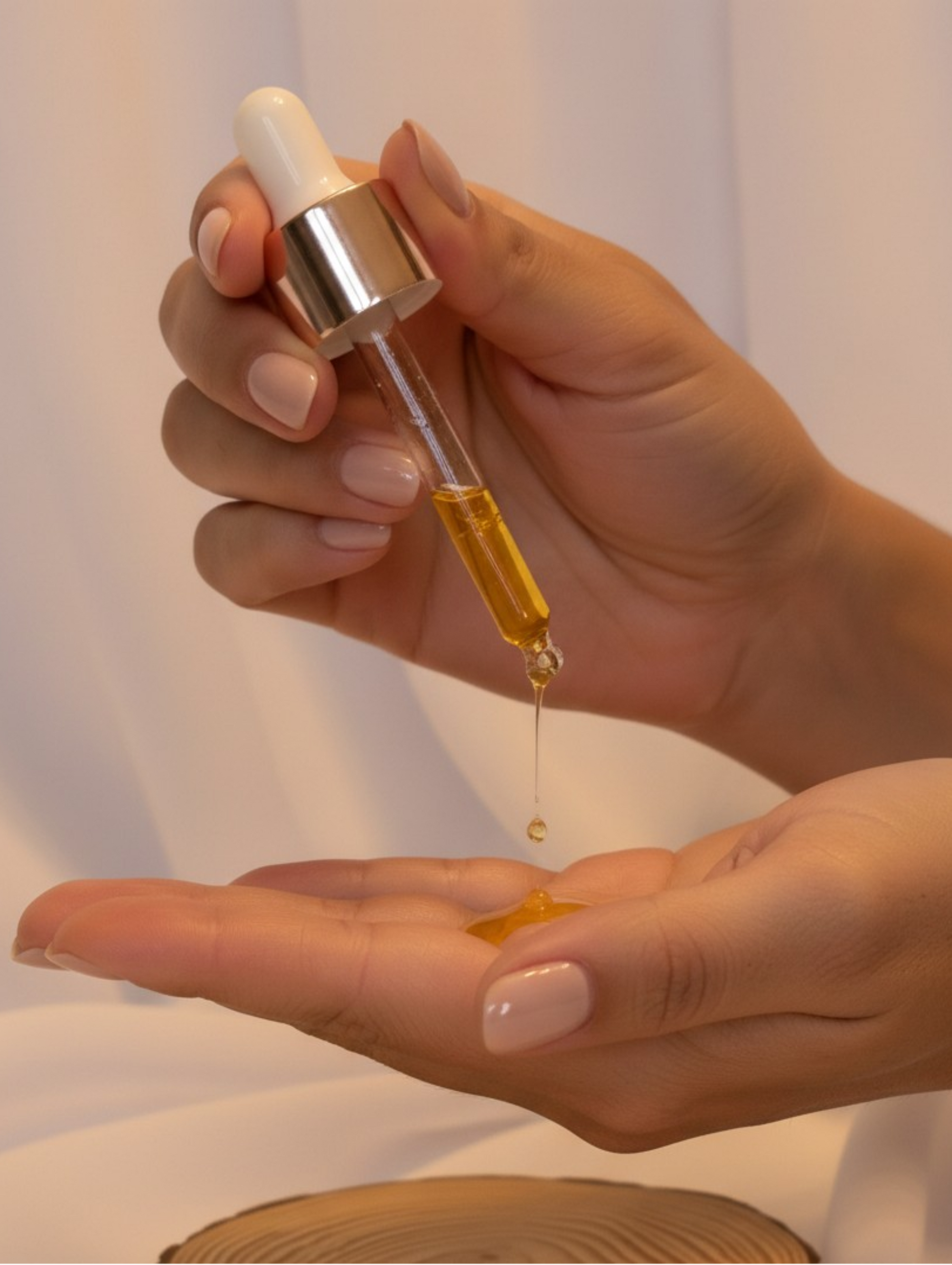 A woman pouring facial oil into her hand