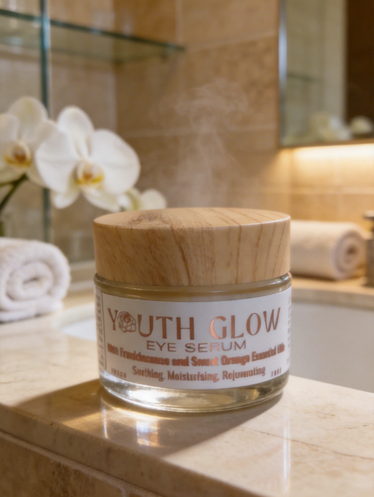 Youth Glow eye serum on a bathroom shelf