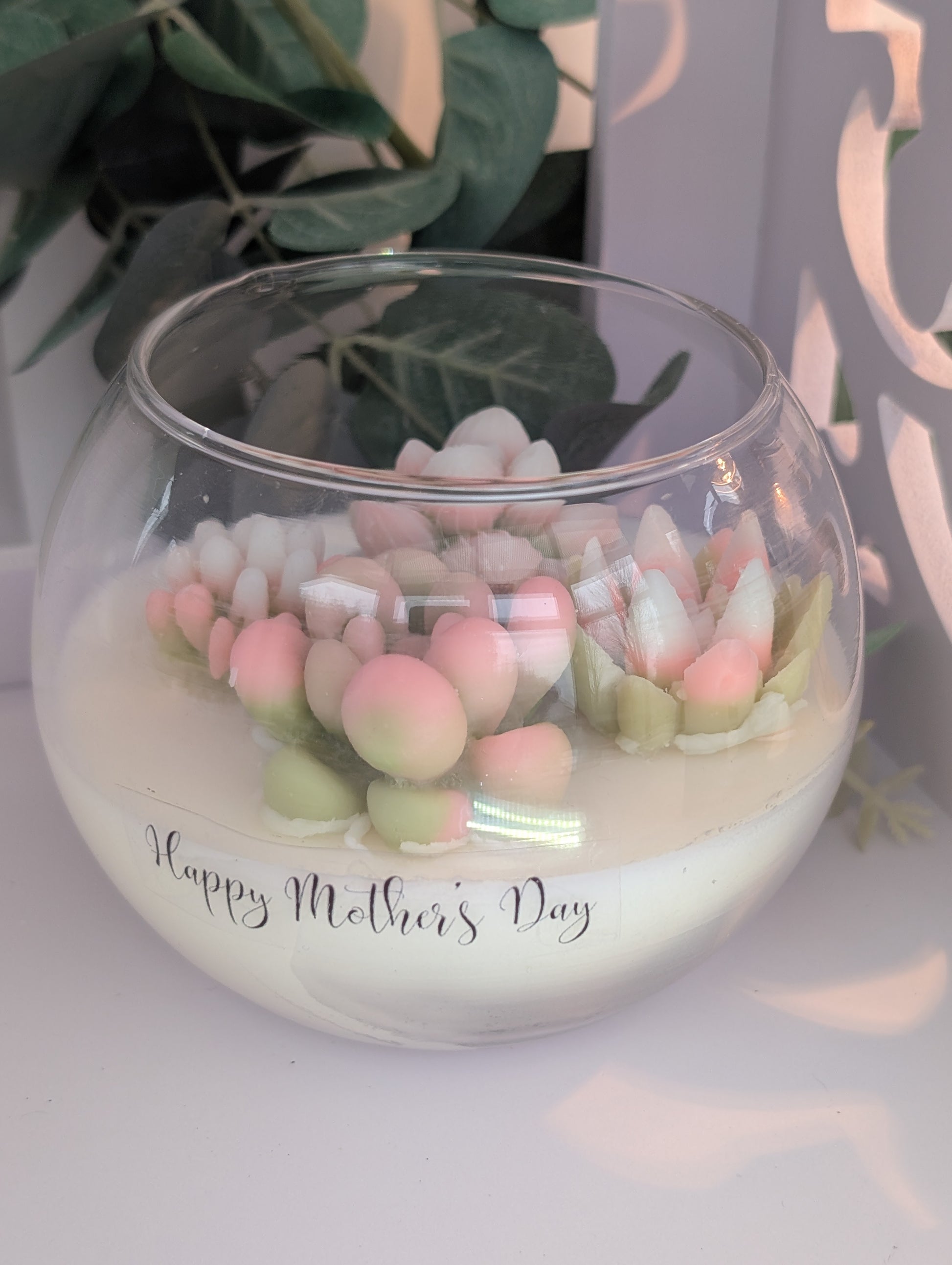 Special Mothers day gifts - gorgeous hand poured vegan candle with hand poured, hand coloured succulent decoration in clear glass fish bowl  shaped candle container with Happy Mother's Day clear 