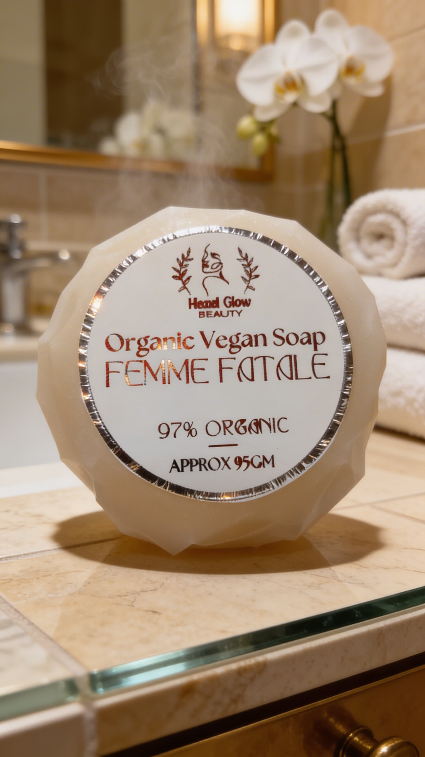 Organic vegan soap bar labeled 'Femme Fatale' on a bathroom counter with a blurred background.