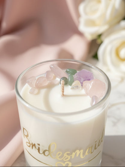 top view of crystals on bridesmaid gift candle
